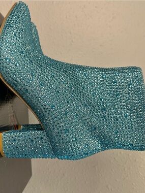 Forever Teal Crystal Embellished Block Heel Ankle Boots